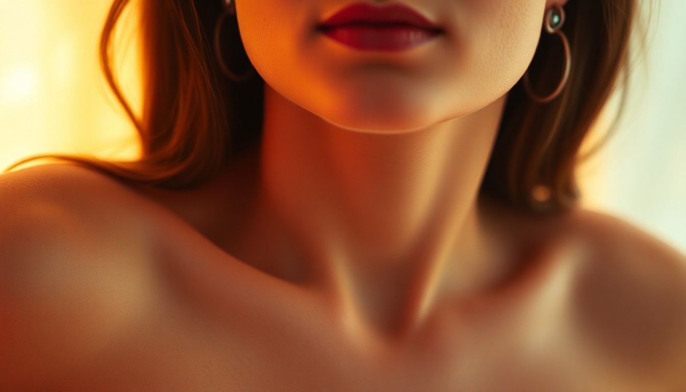 A softly focused, abstract scene of a woman's neck and upper chest, with warm, diffused light creating a serene, intimate atmosphere through the use of peach, rose, and gold hues.