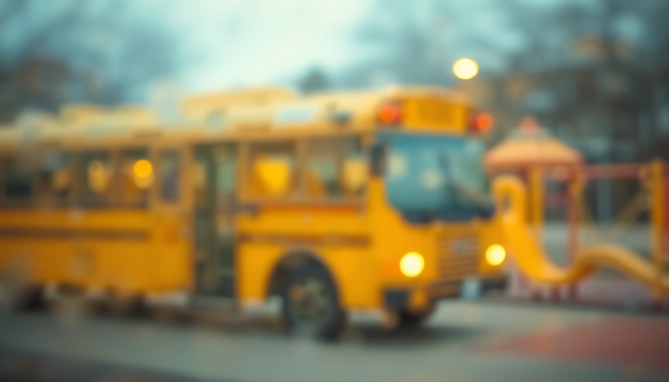 An abstract, impressionistic scene of blurred school and playground elements in a warm, hazy color palette, conceptually representing the tensions between a family and their local school system.