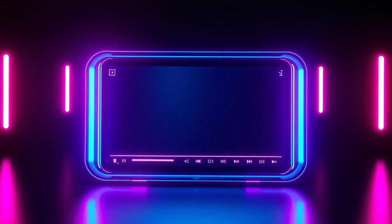A highly detailed, glowing 3D illustration of a futuristic video player interface, with pulsing neon cyan and magenta lights emanating from the edges. The interface features clean, minimalist controls and a central video display, representing the KLIPZ app's focus on a video-first, category-based content experience.