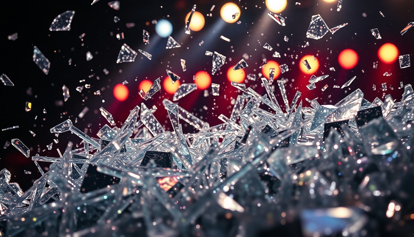 An abstract close-up photograph of shattered glass and glittering shards, reflecting stage lights and evoking the raw energy of a hard rock performance.