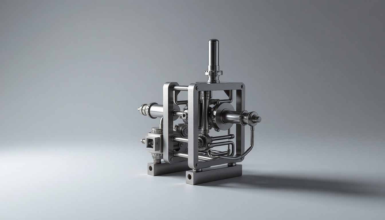 A highly polished, geometric metal sculpture representing an abstract oil and gas subsea production system, arranged elegantly on a clean, monochromatic grey background with dramatic studio lighting and deep shadows, conceptually illustrating the innovative subsea technologies being developed through this collaboration.