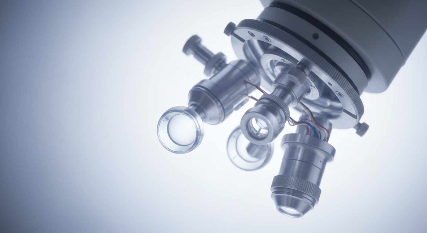 A highly detailed, ghostly X-ray photograph showing the internal components and structure of a medical research microscope, conveying the technical and scientific nature of the academic health center's work.