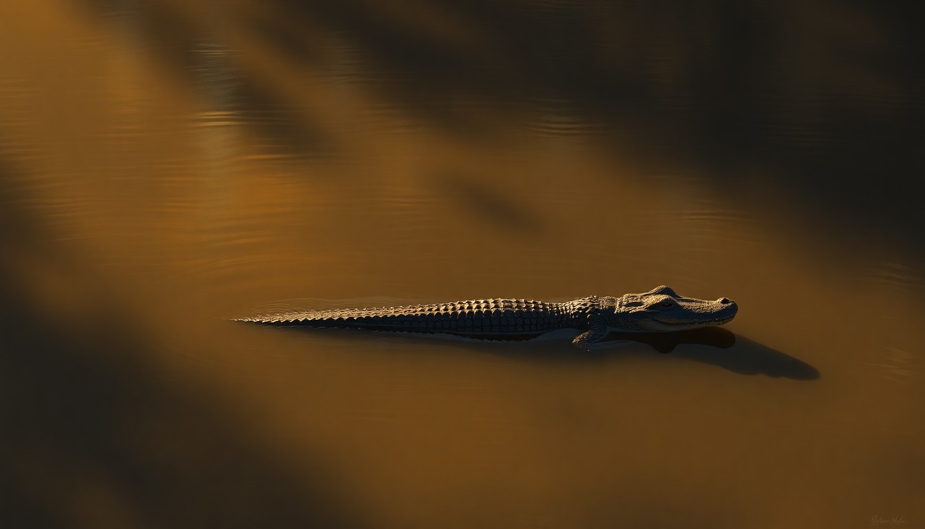 A serene painting of an alligator swimming in the still waters of the Everglades, with warm sunlight and deep shadows creating a cinematic, nostalgic mood that evokes the environmental concerns surrounding the Alligator Alcatraz project.