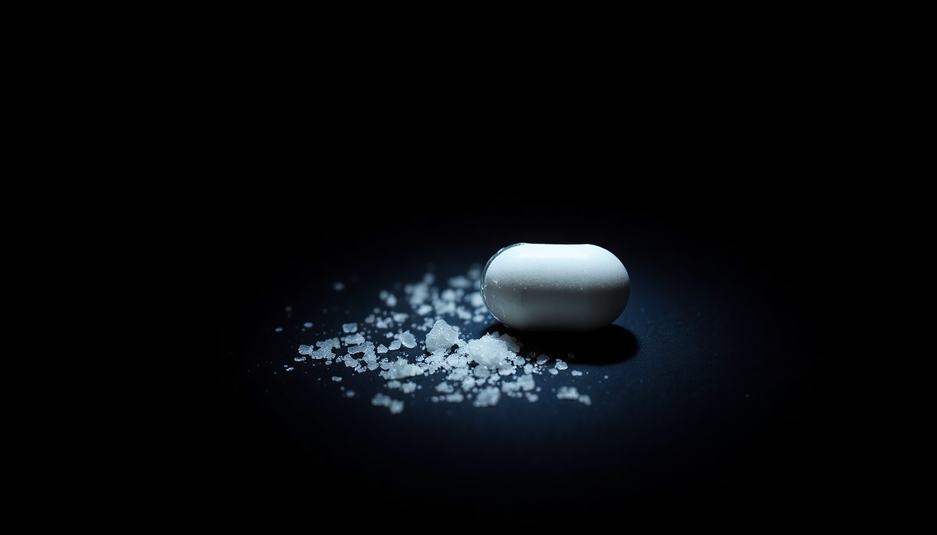An extreme close-up photograph of a single fentanyl pill or pill fragment against a pitch-black background, lit by a harsh, direct camera flash, conceptually illustrating the investigation into a fatal overdose linked to illicit drug sales.