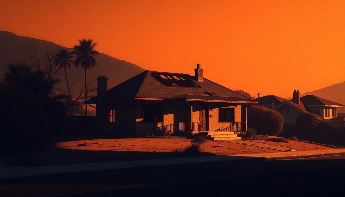 A photorealistic painting of a partially burned, abandoned house in a suburban neighborhood, with warm sunlight casting long shadows across the scene, conveying a sense of melancholy and the aftermath of a disaster.
