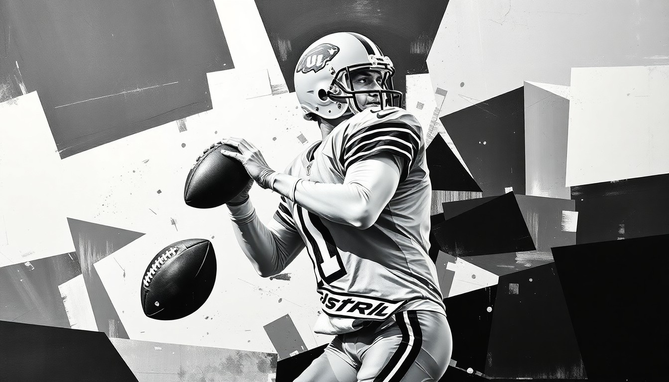 A fragmented, cubist-style painting depicting the abstract movements and angles of a football quarterback dropping back to pass, with sharp geometric shapes and planes in a monochromatic palette.