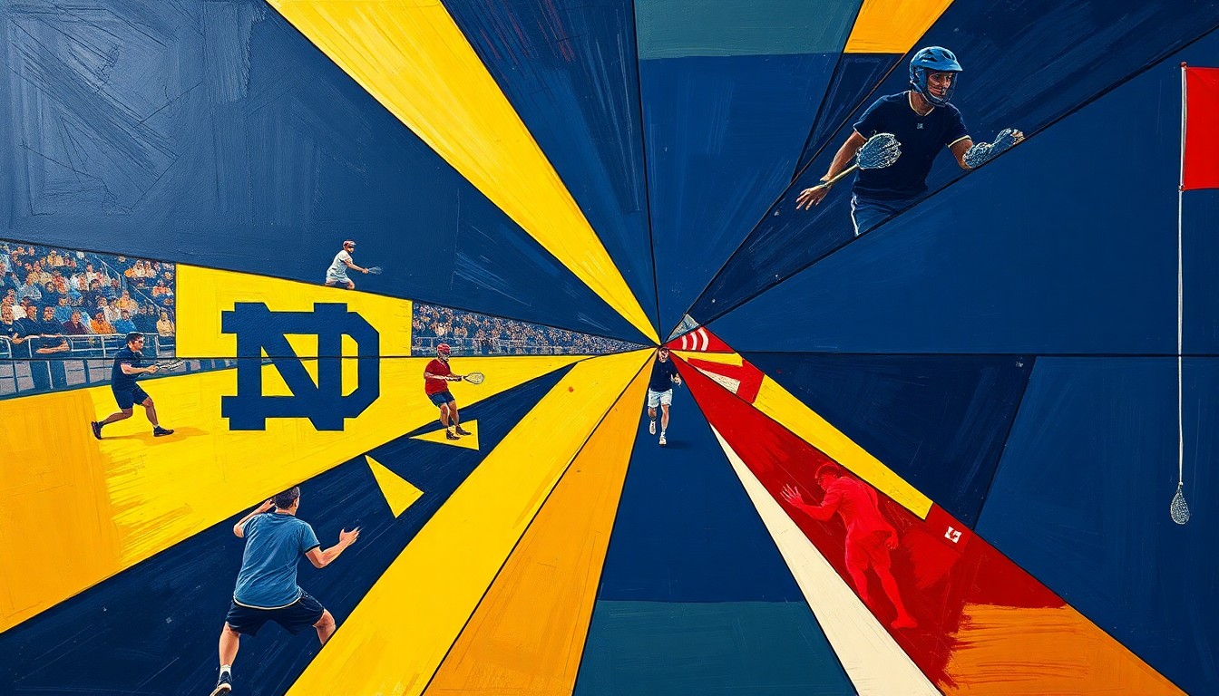 A fragmented, geometric painting depicting the dynamic movements and competitive spirit of a lacrosse match between Notre Dame and Richmond, with overlapping planes of navy, gold, and crimson.