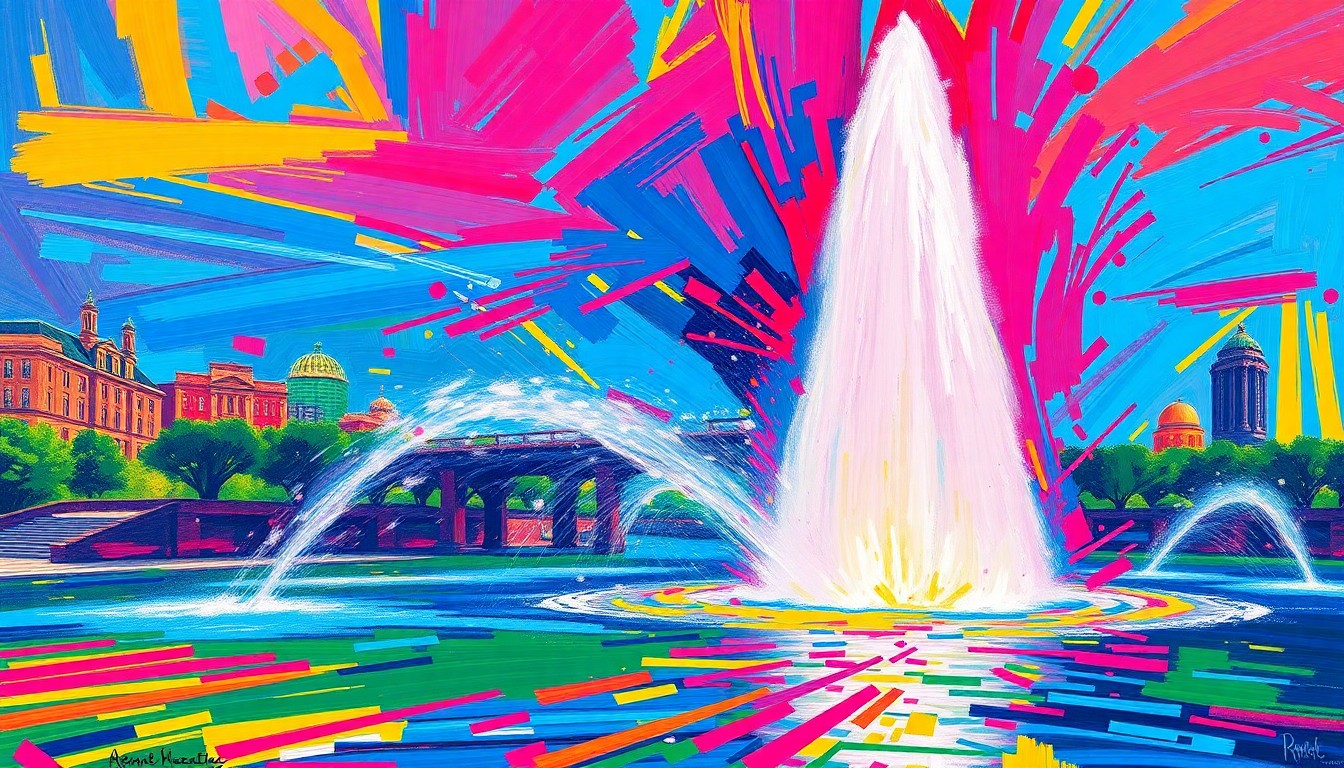 An abstract, expressionist painting featuring bold, neon-colored brushstrokes that capture the dynamic movement and energy of the Point State Park fountain, its iconic plume of water shooting up into the sky.