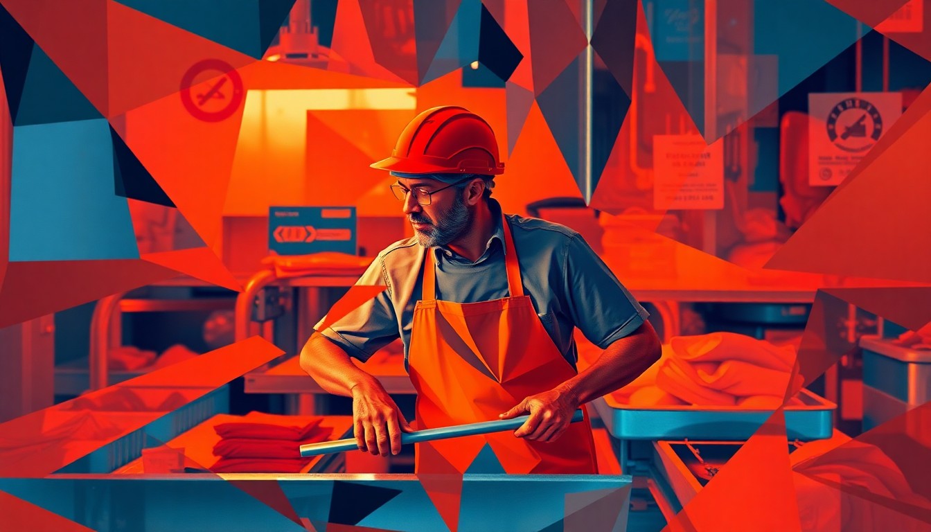 A dynamic, abstract painting depicting the motion and energy of a meatpacking plant worker, with overlapping geometric shapes in bold, vibrant colors conceptually representing the changing labor dynamics in the industry.