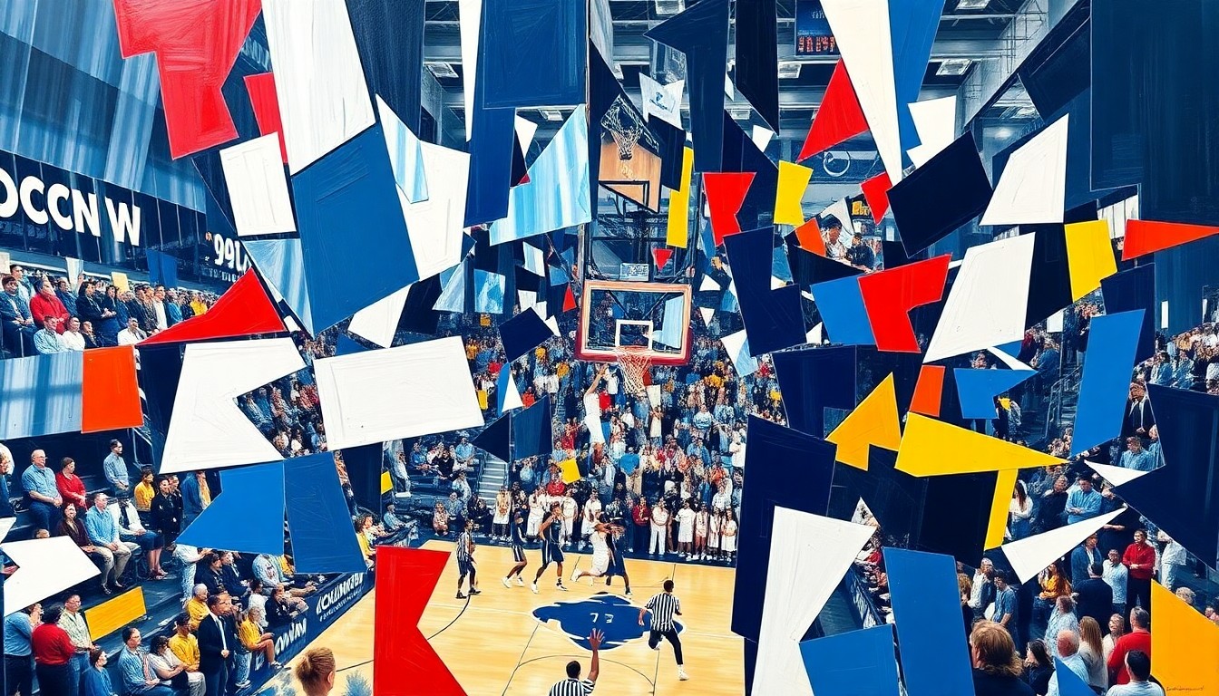 A fractured, multi-perspective painting depicting the final seconds of a basketball game, with sharp geometric planes in UConn's navy blue and white colors intertwining with the opponent's colors, conveying the emotional intensity and drama of the moment.