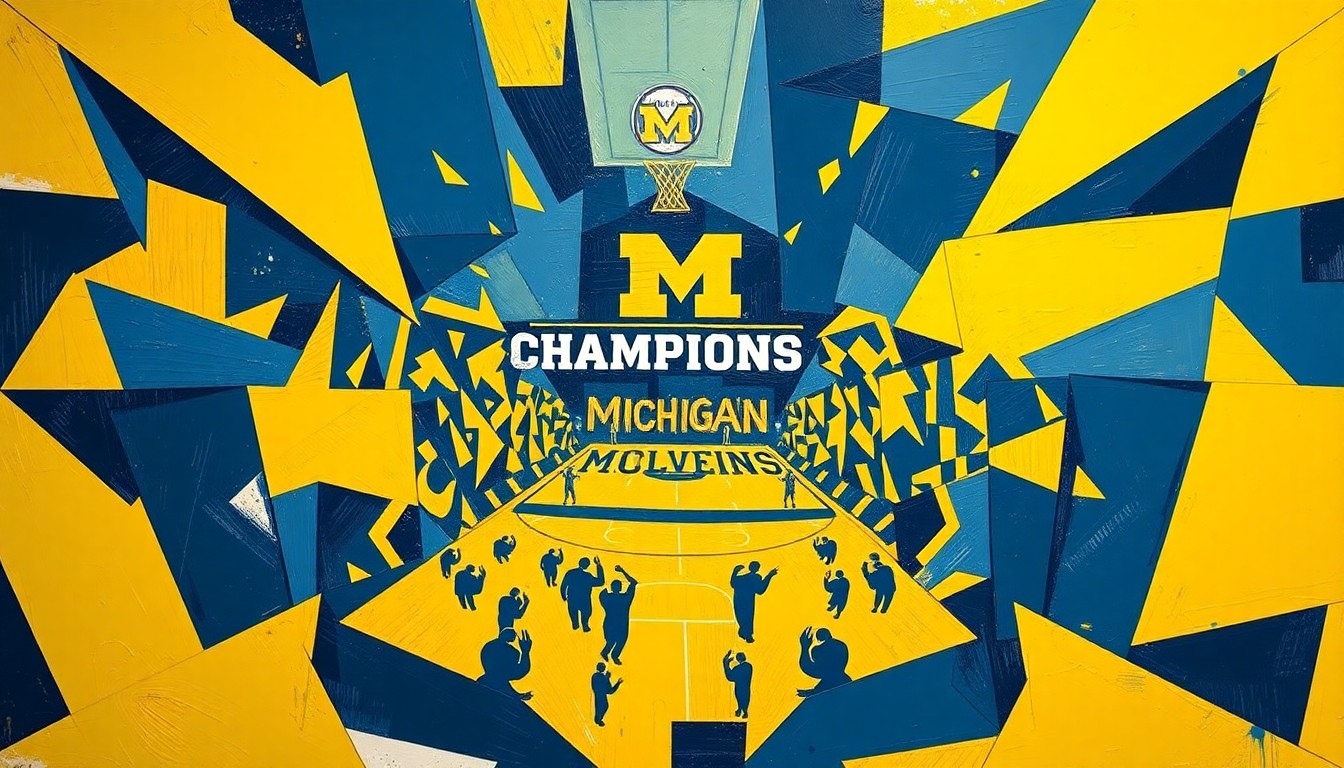 A vibrant, fragmented painting depicting the University of Michigan's basketball players in various poses and perspectives, with the team's signature maize and blue colors prominently featured.