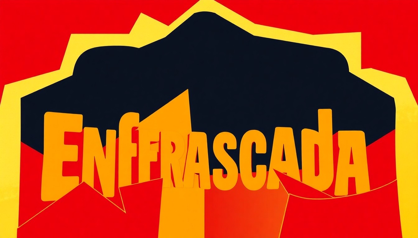 A bold, graphic composition of jagged, overlapping shapes in shades of red, yellow, and indigo, conveying the themes of female friendship, folk magic, and cultural resistance in the play 'Enfrascada.'