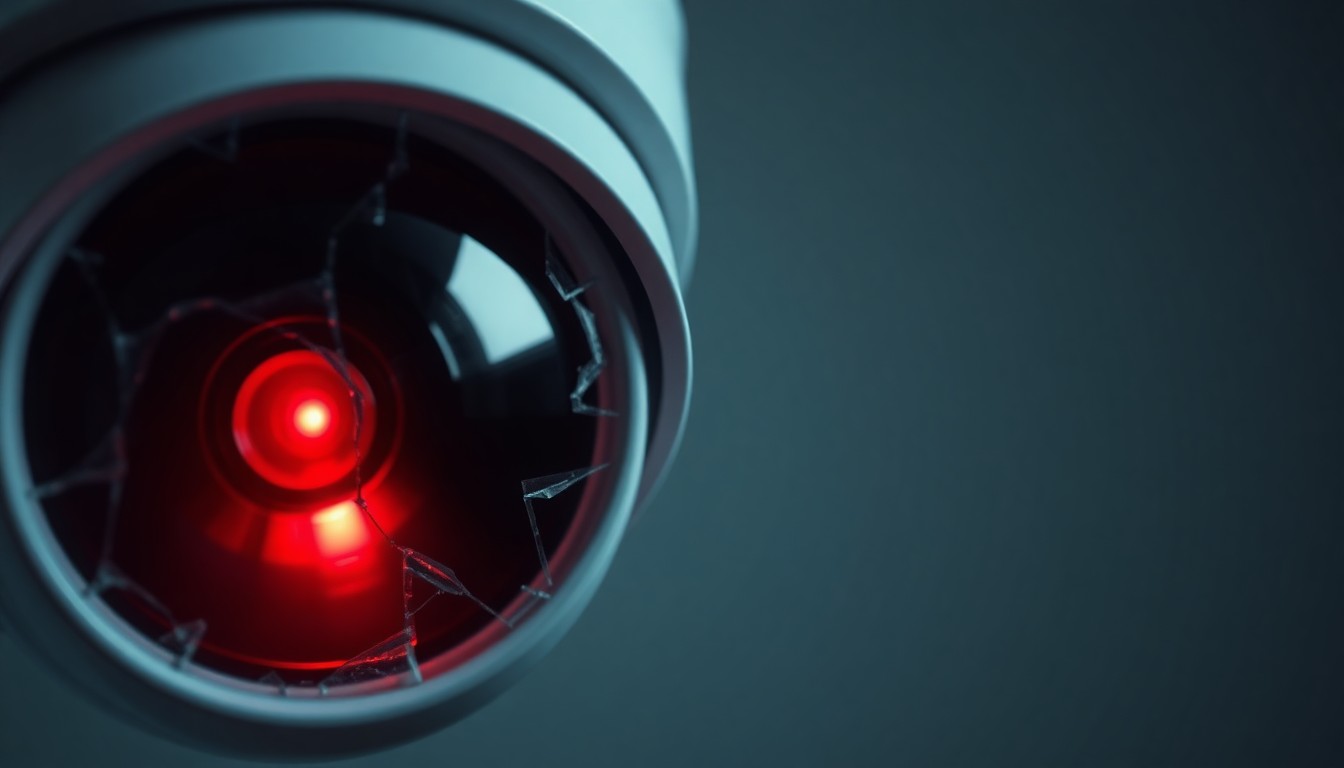 An extreme close-up photograph of a shattered security camera lens reflecting a dim red light, conceptually representing the investigation into alleged misconduct at a juvenile detention facility.