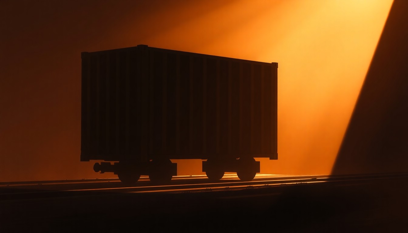 A serene, cinematic painting depicting a lone shipping container or freight train car in a dimly lit urban setting, with warm sunlight casting dramatic shadows across the scene, conveying a sense of uncertainty and unease surrounding the ongoing USMCA trade negotiations.