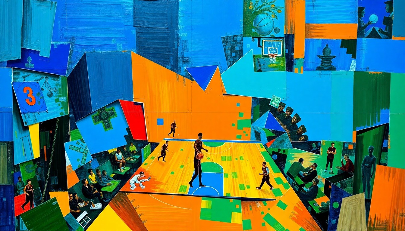 A cubist, geometric painting depicting the dynamic movements and energy of a basketball game, with sharp, overlapping planes of color representing the various elements of the sport.
