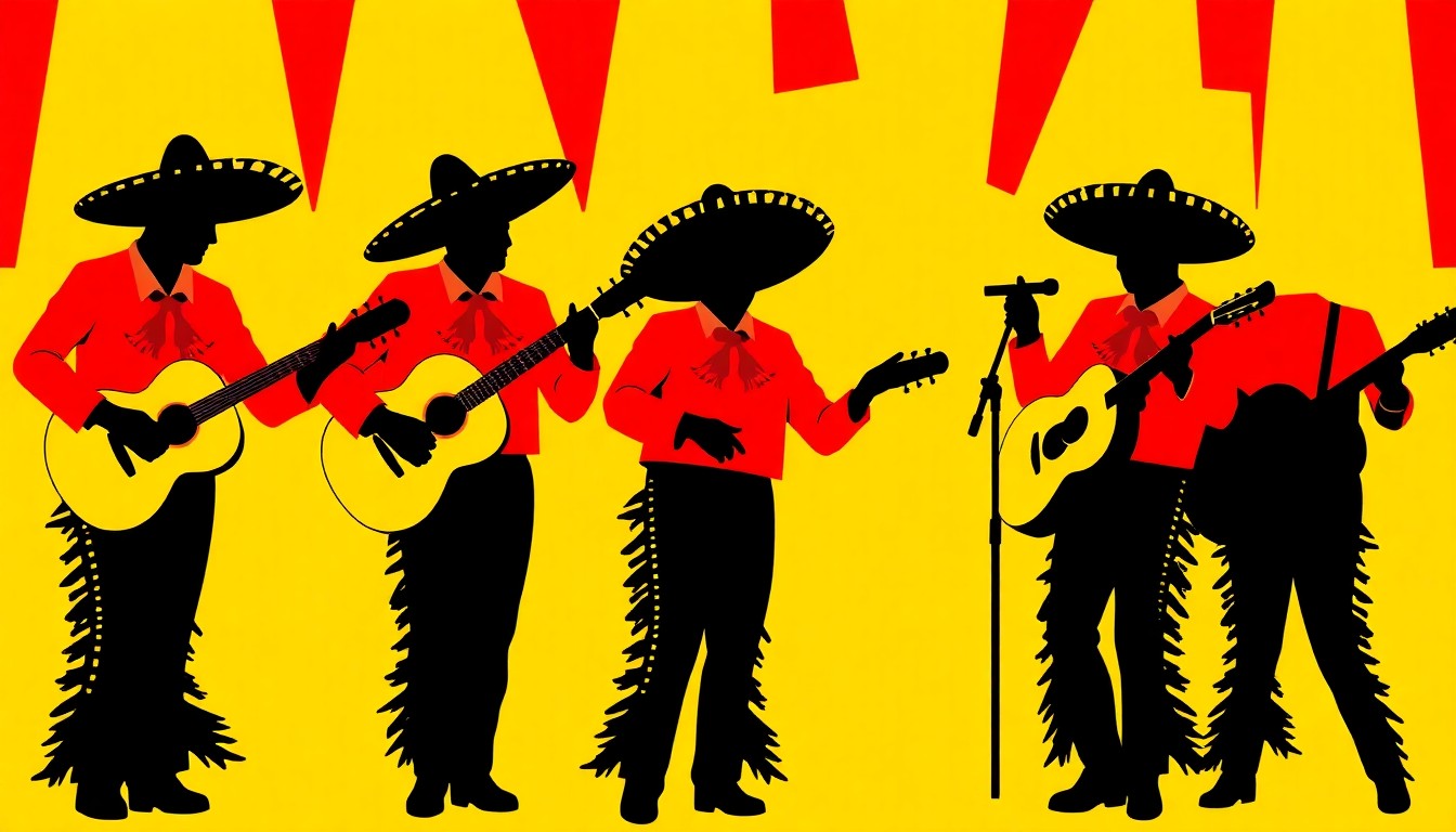 An abstract, minimalist illustration featuring sharp, geometric shapes in bold red, yellow, and black, conveying the energy and artistry of a mariachi performance.