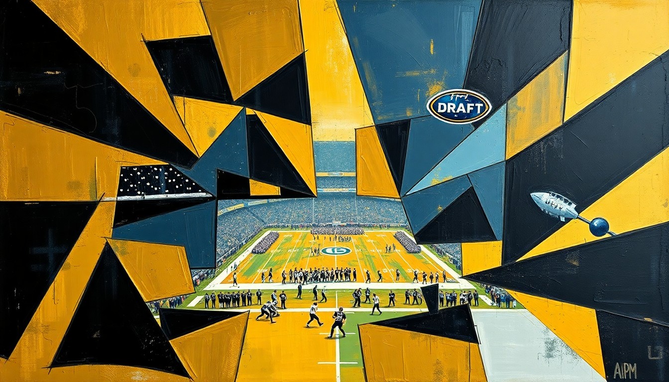 A fragmented, geometric painting depicting an abstract football game or NFL Draft event, with sharp planes of black, gold, and steel blue representing the complex interplay of economic forces and community interests.
