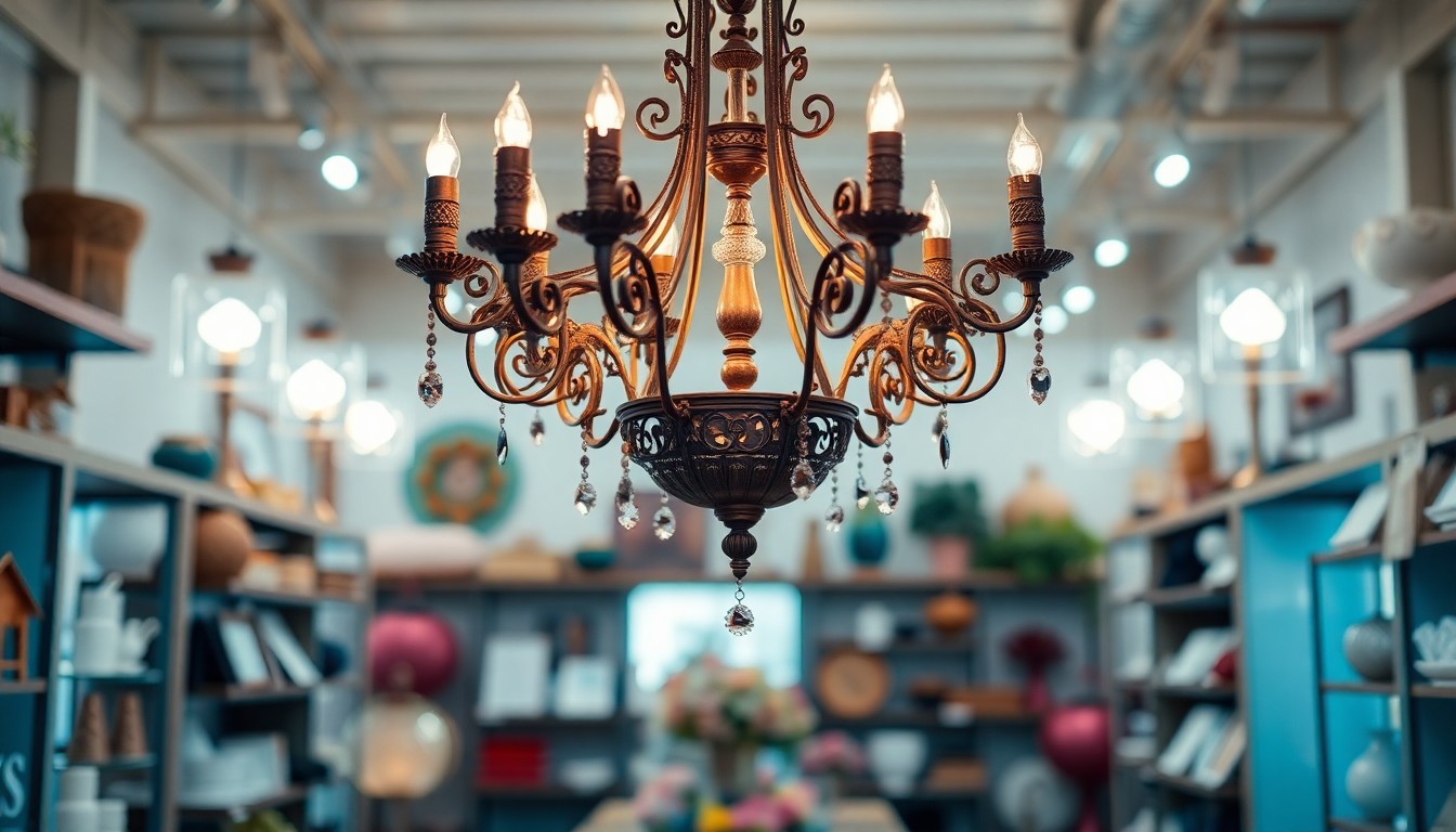 A softly focused, warm-toned photograph of an ornate, vintage-style chandelier hanging in the center of a cozy retail space filled with home goods and decor, conceptually representing the return of a cherished piece of local history.