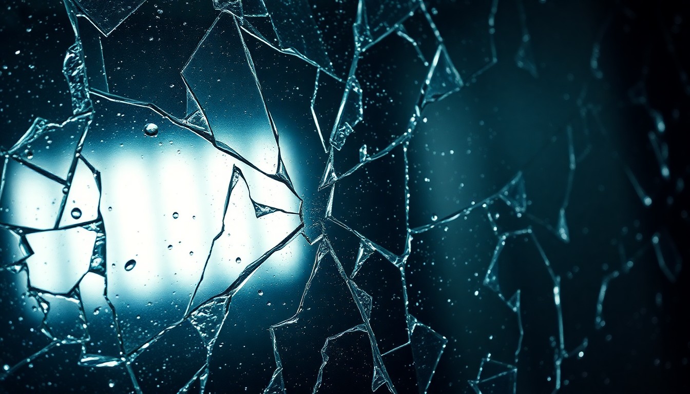An abstract close-up photograph of a shattered, reflective glass surface in dramatic lighting, conveying a sense of institutional decay and corruption.