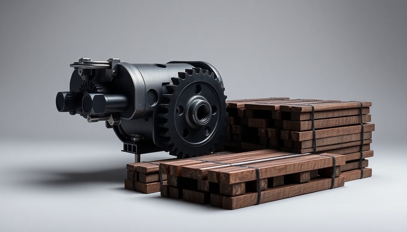 A minimalist studio still life featuring a polished metal railcar coupler, a gear, and a stack of railroad ties, symbolizing the transportation logistics and capital investment in the rail industry.