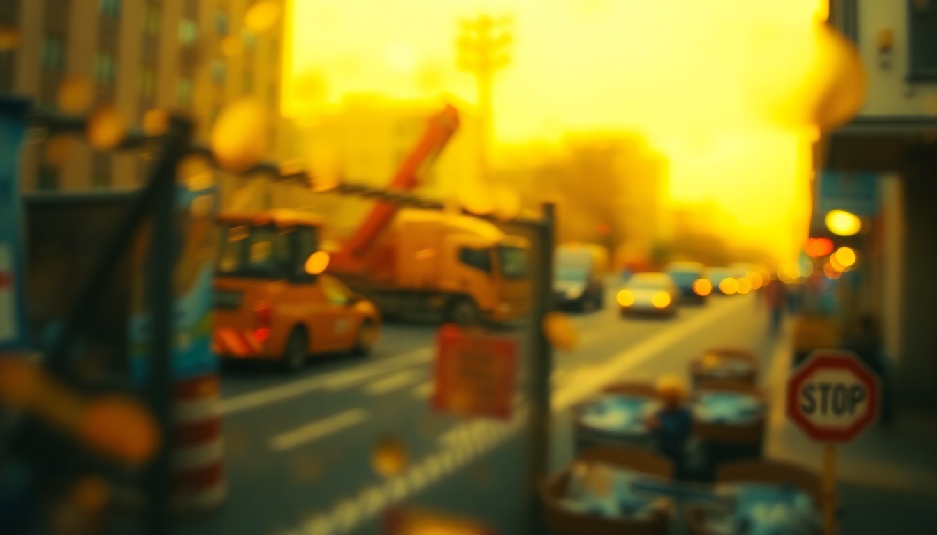 An impressionistic, out-of-focus photograph depicting a blurred urban streetscape with a chain-link fence and construction equipment, conveying the disorienting experience of navigating construction as a person with a visual impairment.