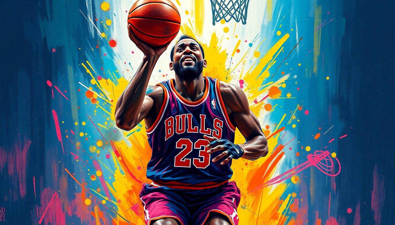 A vibrant, abstract expressionist painting in neon colors depicting the dynamic movement and energy of a basketball player driving to the hoop, with their face and jersey details dissolving into colorful brushstrokes.