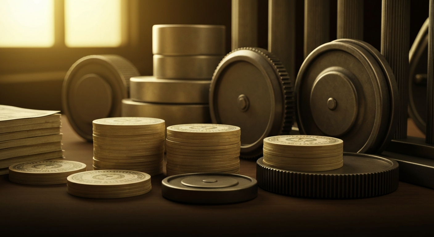 An extreme close-up of gears, levers, and other industrial banking equipment, conveying the tangible, powerful nature of financial institutions without depicting any literal currency or symbols.