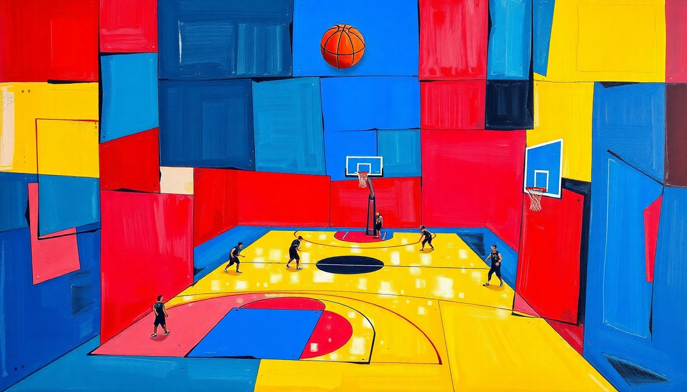 A cubist, geometric painting depicting a basketball game or practice broken down into sharp, overlapping planes of color, conceptually representing the players' shift in perspective from basketball to community service.