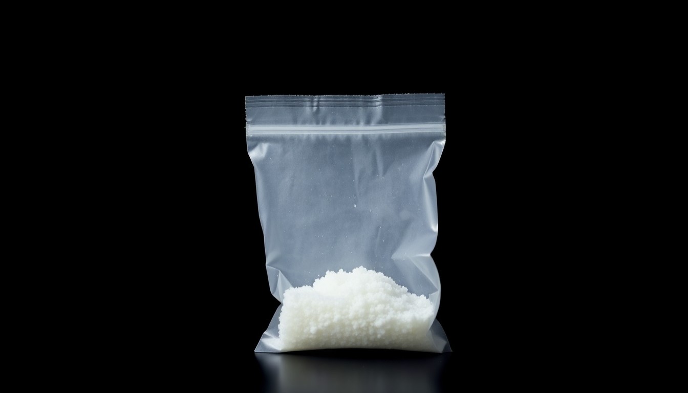 An extreme close-up photograph of a small plastic baggie containing a white crystalline substance, lit by a harsh, direct camera flash against a pitch-black background, conceptually representing the methamphetamine found in the driver's vehicle.