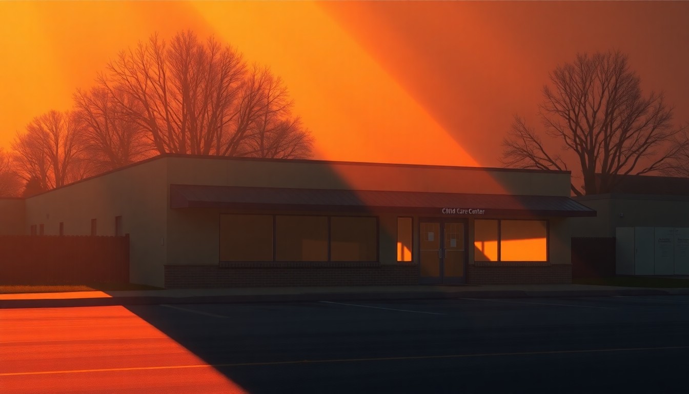 A serene, photorealistic painting of a single-story child care center building with large windows, set against a backdrop of warm, golden sunlight and deep shadows, conveying a sense of quiet contemplation and the challenges facing the industry.