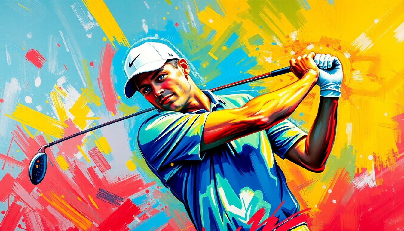 An abstract, energetic painting using bold, neon-colored brushstrokes to depict the dynamic motion of a golfer's swing, conceptually representing the personal milestone of a PGA Tour star welcoming a new addition to his family.