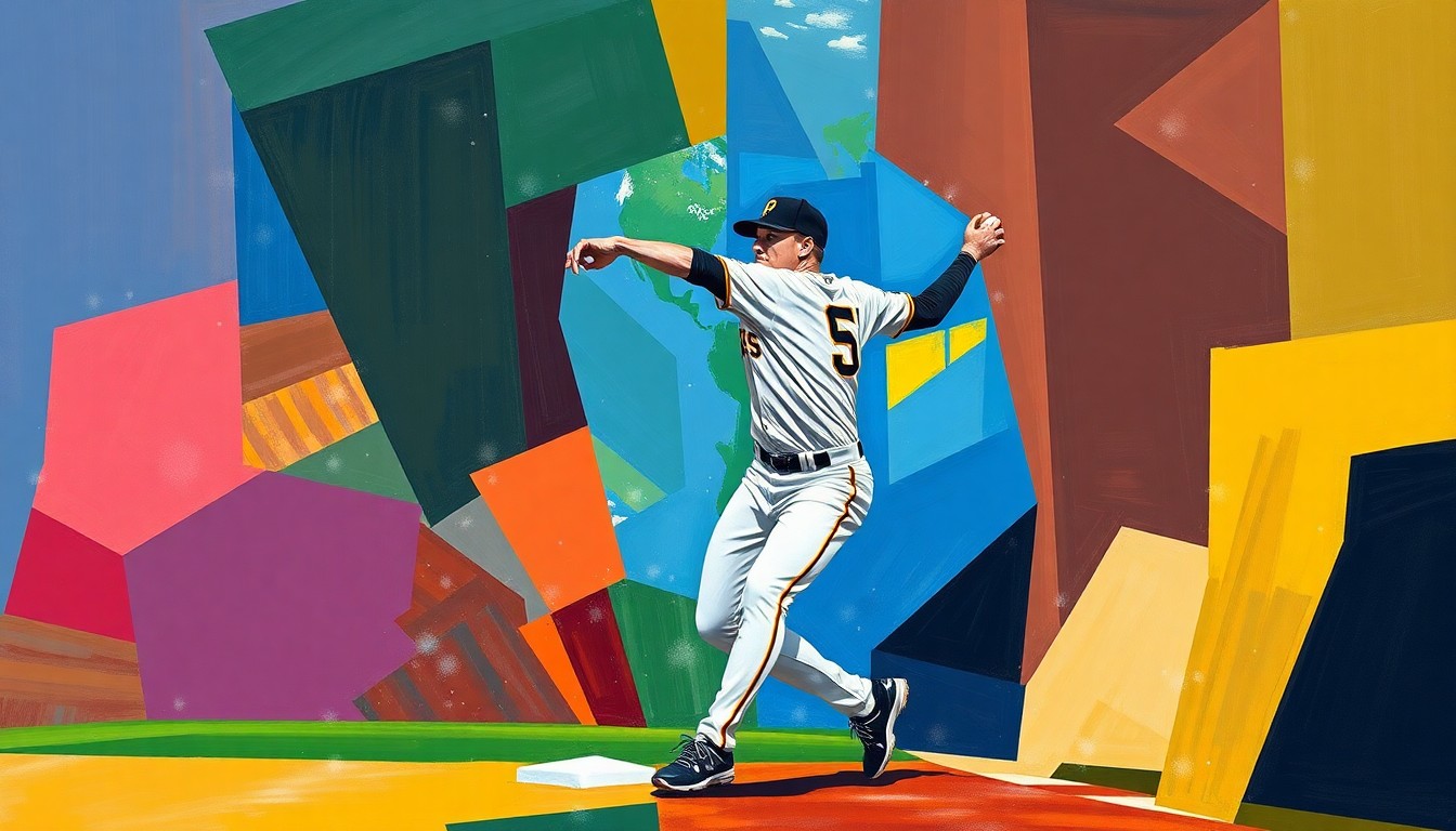 A cubist, geometric painting depicting a baseball shortstop in motion, with the player's body and actions broken down into sharp, overlapping planes of color representing the Pirates' uniform.