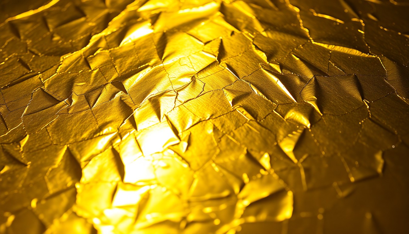 An extreme close-up photograph of a shimmering, reflective gold foil texture, captured in dramatic studio lighting to create a high-fashion, glamorous aesthetic without depicting any literal objects or people.