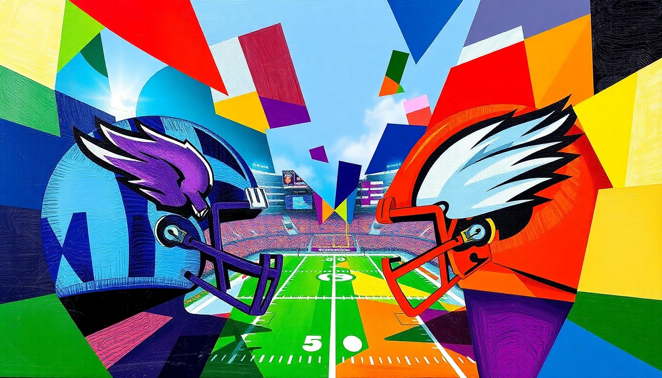A cubist, geometric painting depicting a football game in progress, with the players and field broken down into overlapping, angular shapes in the teams' official colors.