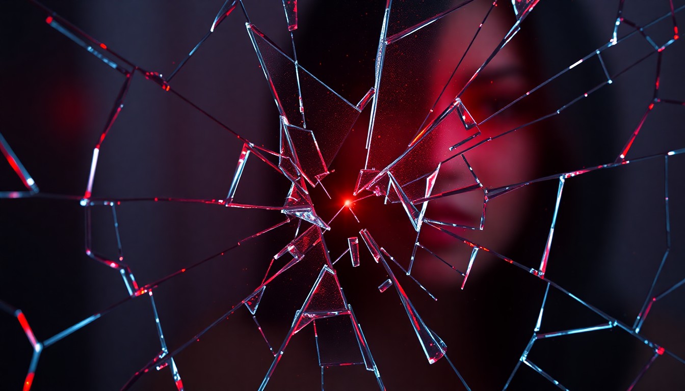An abstract close-up photograph of shattered glass reflecting a faint red light, conveying the emotional intensity and volatility of the domestic disputes at the center of this news story.