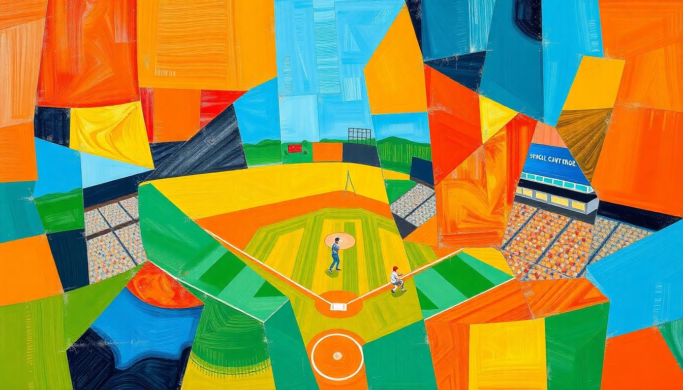 A fragmented, geometric painting depicting a high school baseball game, with overlapping planes of color and shape representing the sport's energy and competitiveness.