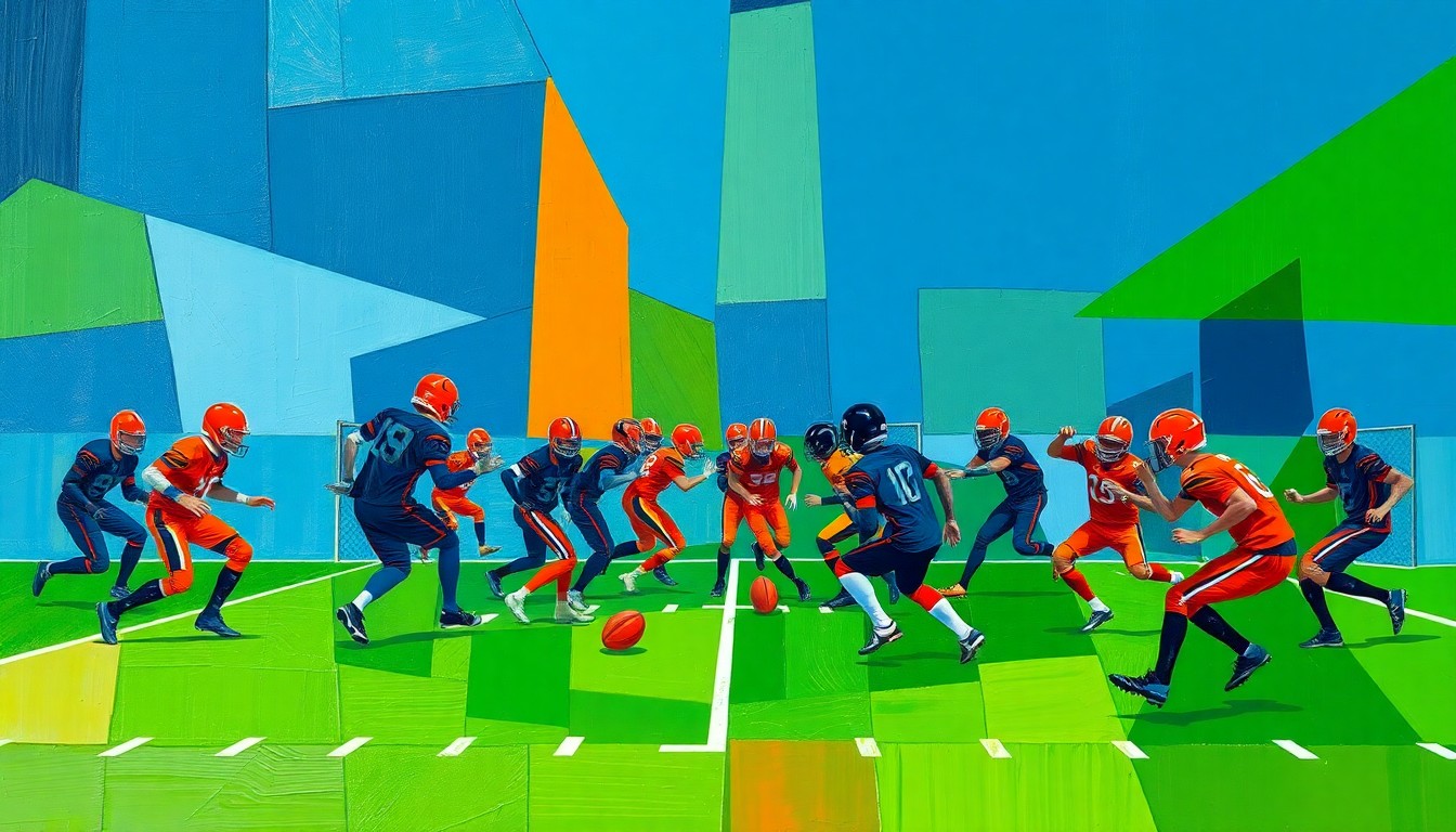 A fragmented, geometric painting depicting the dynamic action of a youth football training session, with sharp planes of navy, green, and orange intersecting to create a sense of motion and athleticism.