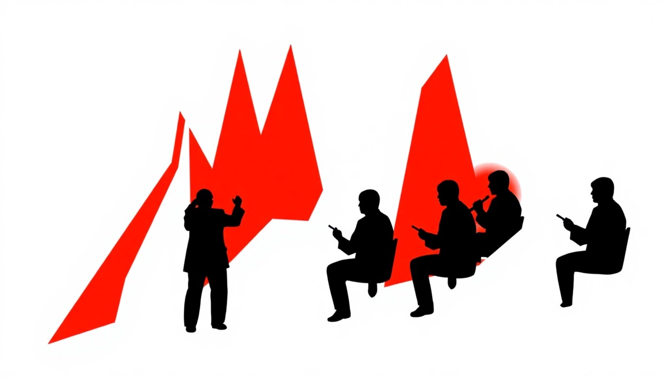 A striking black and white abstract composition featuring jagged geometric shapes and silhouettes, conceptually representing the central role of sacred music and hymns in the LDS Church's general conference.