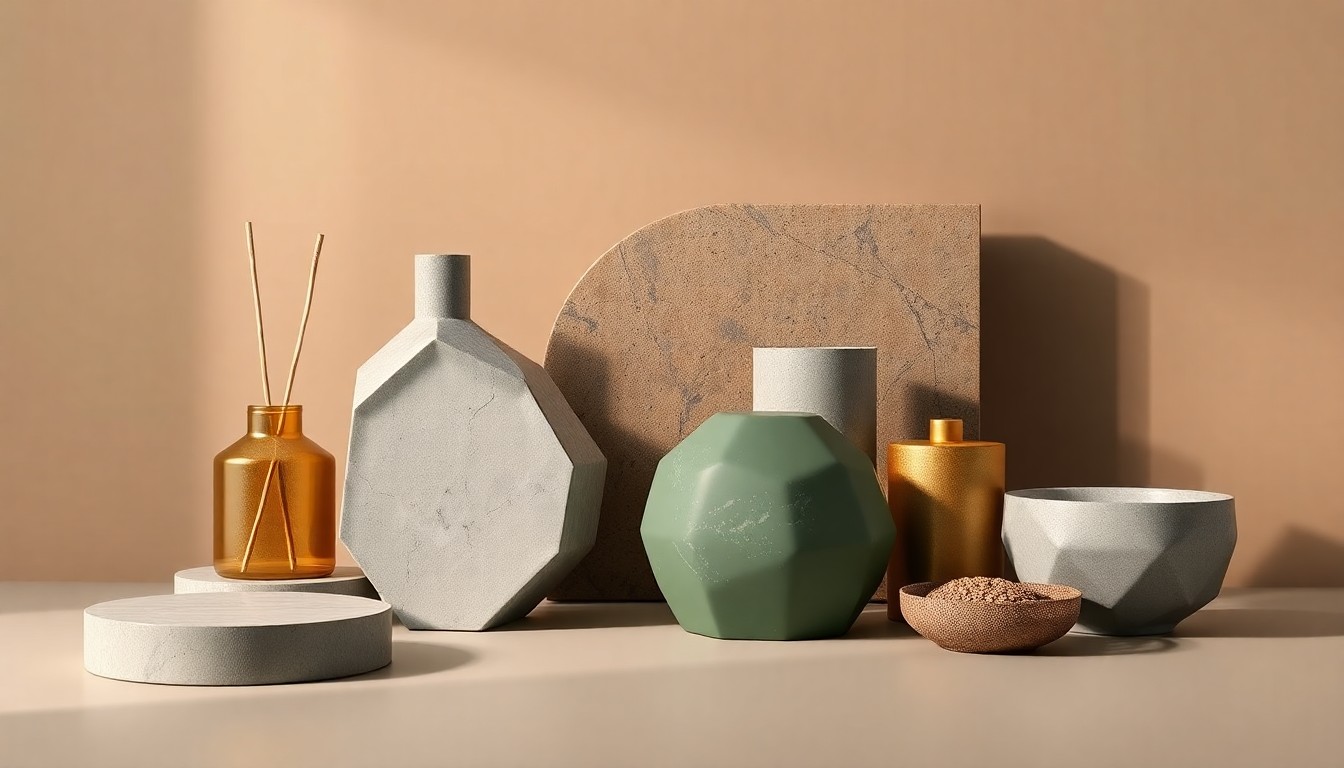 A high-end, photorealistic studio still-life photograph featuring a carefully arranged composition of premium, polished geometric objects in shades of warm gray, sage green, and muted gold, conceptually representing the modern, sustainable design and community-focused amenities of an affordable housing development.