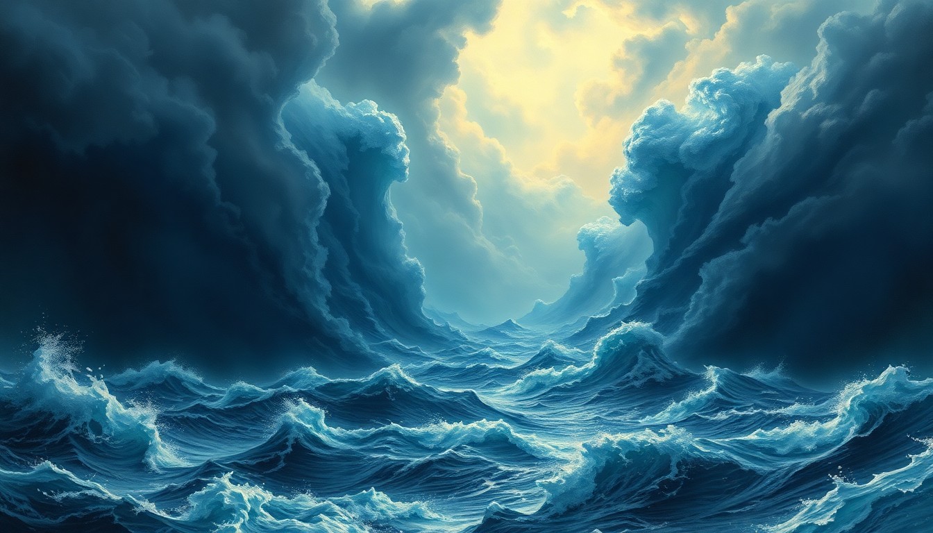 A vast, atmospheric landscape painting depicting a turbulent, churning ocean with massive crashing waves, conveying the raw power and sublime scale of the natural forces that can threaten beachgoers.