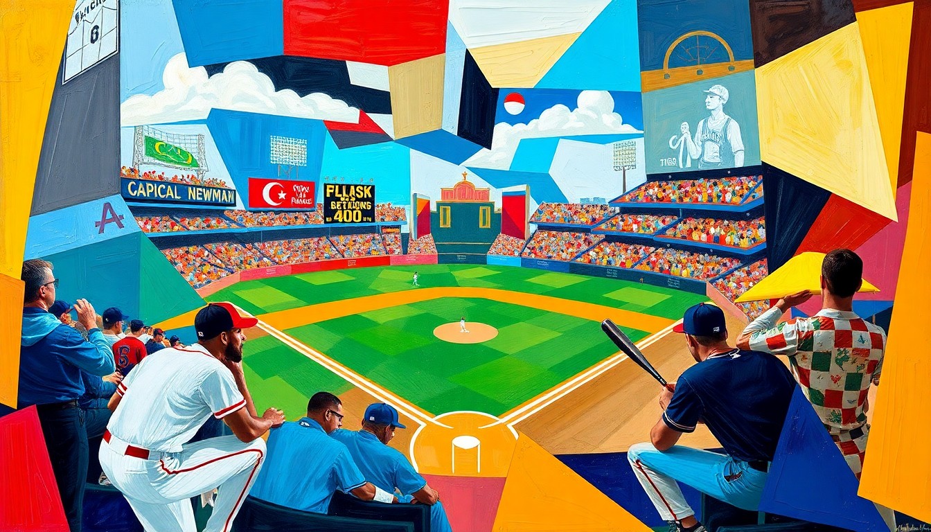 A fractured, multi-perspective painting in vibrant colors, breaking down a baseball game into sharp, overlapping geometric planes to conceptually represent the competitive North Bay baseball season.