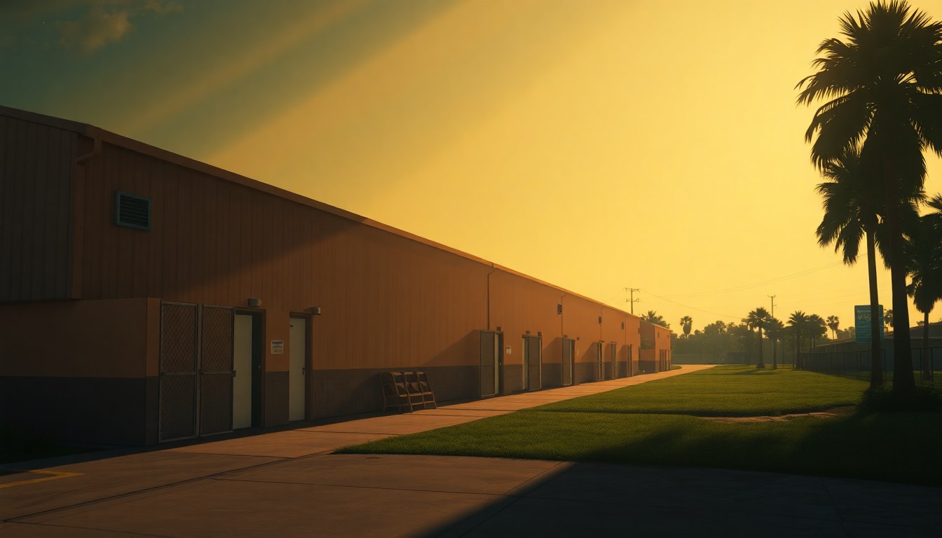 A serene, cinematic painting of the exterior of a large, nondescript concrete building surrounded by lush greenery, with warm sunlight casting deep shadows across the scene, conceptually illustrating the environmental concerns over the Everglades detention center.