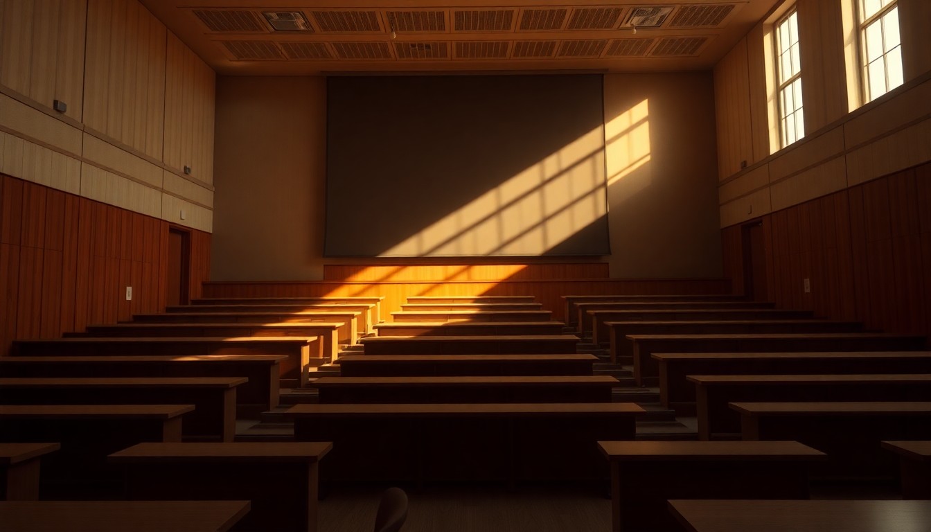 A dimly lit, empty university lecture hall with rows of wooden desks and chairs, the space filled with warm, golden light streaming in through tall windows, creating deep shadows and a sense of quiet contemplation.
