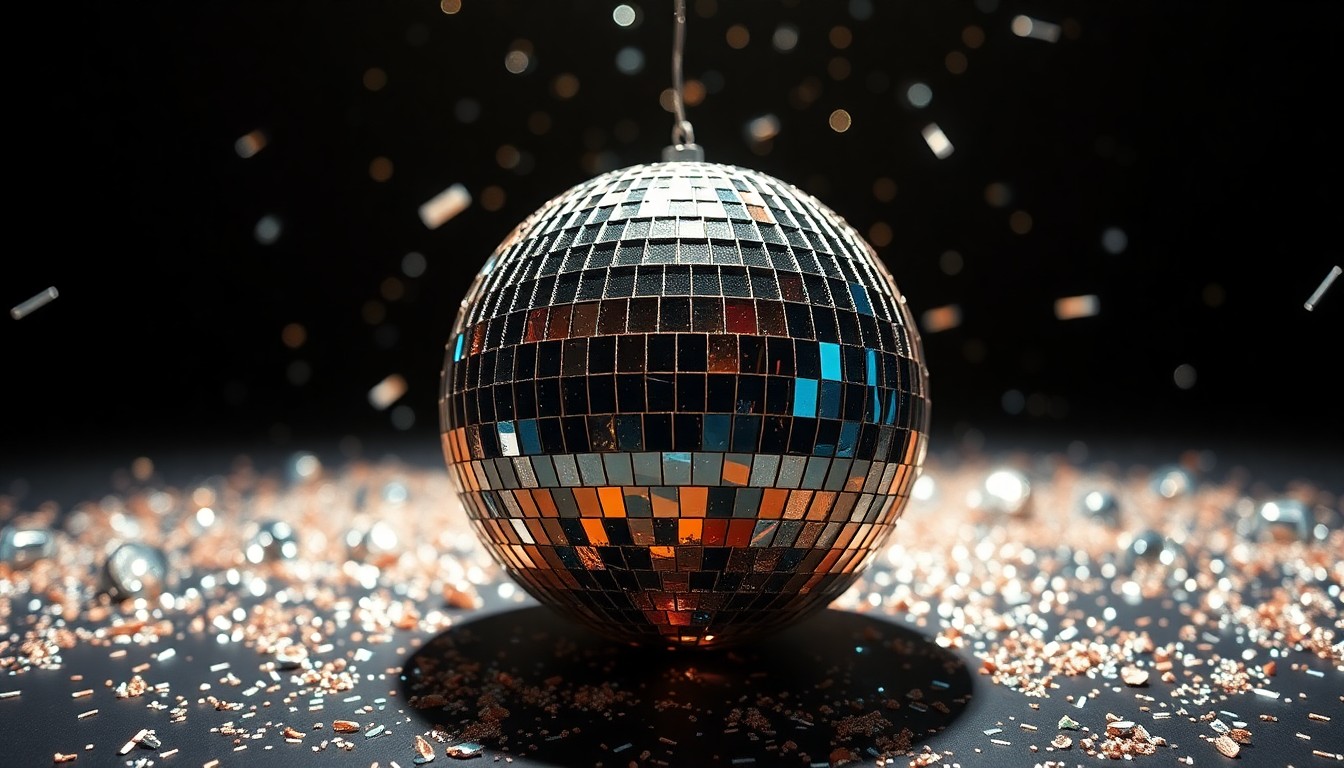 An abstract, high-contrast close-up photograph of shimmering, glittering disco ball fragments, conceptually representing the celebratory energy of the Artemis II mission's wake-up playlist.