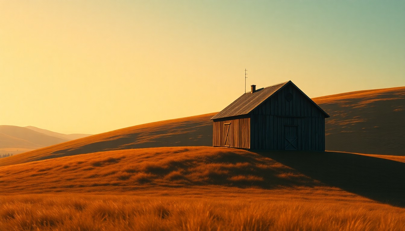 A serene, painterly landscape depicting an old barn or farmhouse on a rural hillside, with warm sunlight casting long shadows across the scene, conveying a sense of solitude and self-sufficiency.