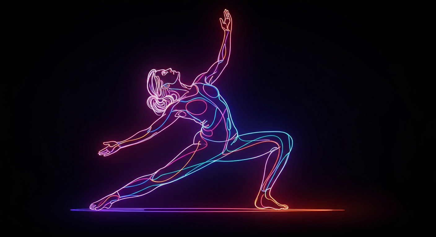 A minimalist neon outline illustration depicting a person in a yoga pose, with glowing lines tracing the figure's dynamic movement and energy against a dark background, conceptually representing the mental and physical benefits of stress-relieving activities.