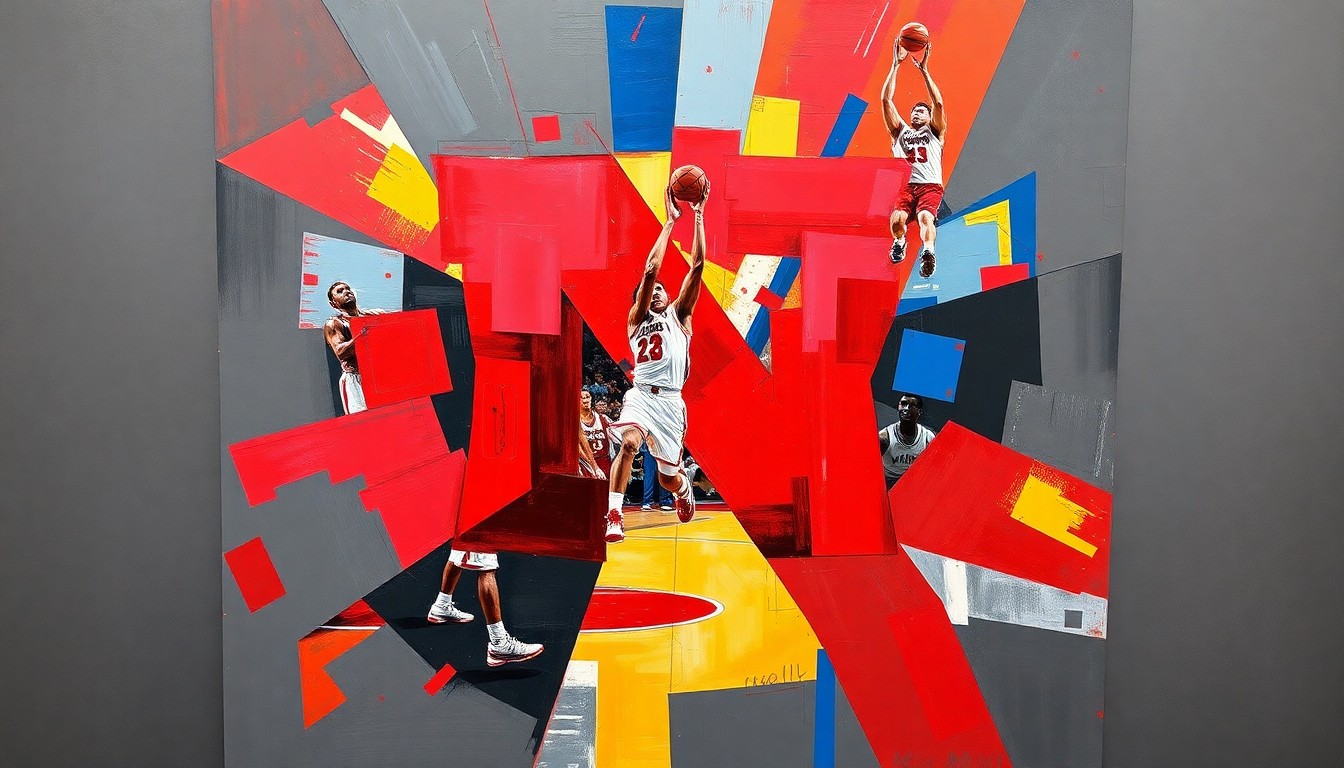 A cubist, geometric painting depicting a Nebraska basketball player in motion, with sharp, overlapping planes of red, blue, and gold representing the team's colors and dynamic style of play.