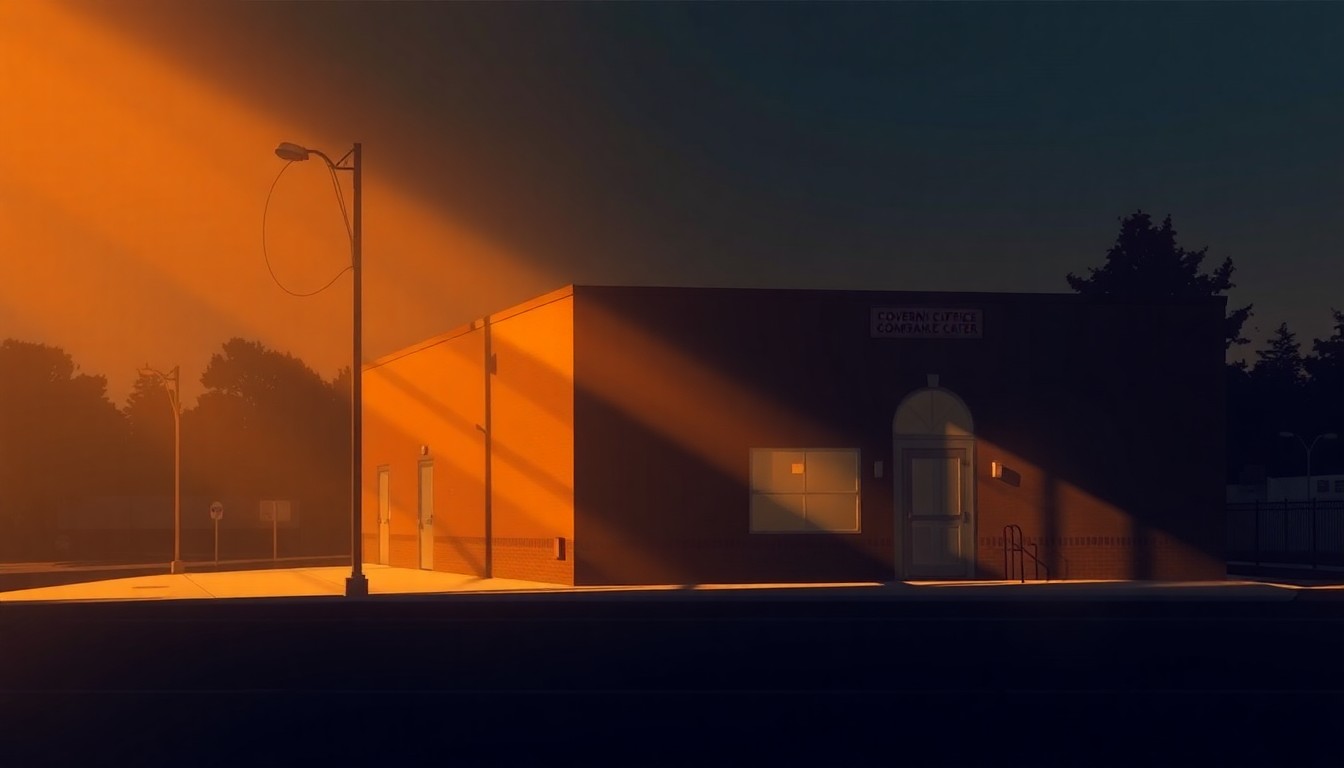 A warm, nostalgic painting of a government office building or community center, with the structure bathed in soft, diagonal sunlight and deep shadows, conveying a sense of quiet contemplation around the impact of delayed anti-poverty funding on local communities.