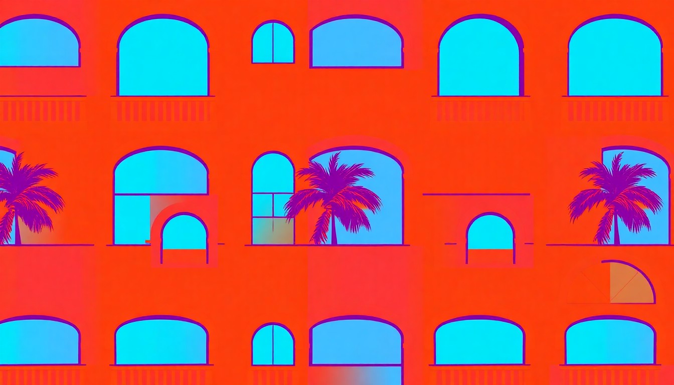 A highly stylized, abstract grid of brightly colored, geometric architectural shapes representing an iconic Hawaiian design element, conveying the vibrant, pop art aesthetic of the restored estate.