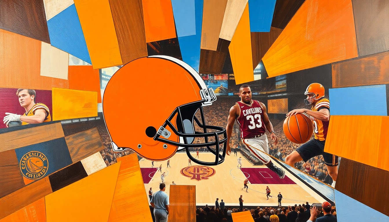 A fractured, multi-perspective painting in bold, vibrant colors that breaks down a football and basketball game into sharp, overlapping geometric shapes, conceptually representing the dynamic energy and competitive spirit of Cleveland's professional sports teams.